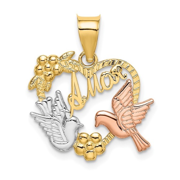 10k Two-Tone Gold w/White Rhodium AMOR Heart w/Doves Necklace Charm Pendant